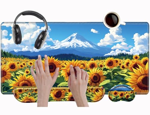 Sunflower Mouse Pad and Keyboard Wrist Rest Flower Desk Mat Set Gaming Mousepad with Wrist Support XXL Computer Mat 31.5" x 15.75" Mouse Mat Organization Decor - color: Mountain Sunflower
