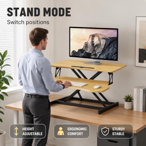 32" Height Adjustable Sit Stand Desk Converter, Dual Monitor Laptop Riser, Black (Desk Converter (Natural)) - color: Desk Converter (Natural)