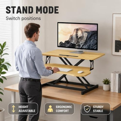 32" Height Adjustable Sit Stand Desk Converter, Dual Monitor Laptop Riser, Black (Desk Converter (Natural)) - color: Desk Converter (Natural)