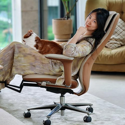 TOMU Executive Office Chair with Foot Rest, Top Grain Genuine Leather Office Chair, Ergonomic High Back Design. Real Leather, Wheels, Alumium Base. Padded Armrest, Luxury and Comfy (Beige) - color: Beige
