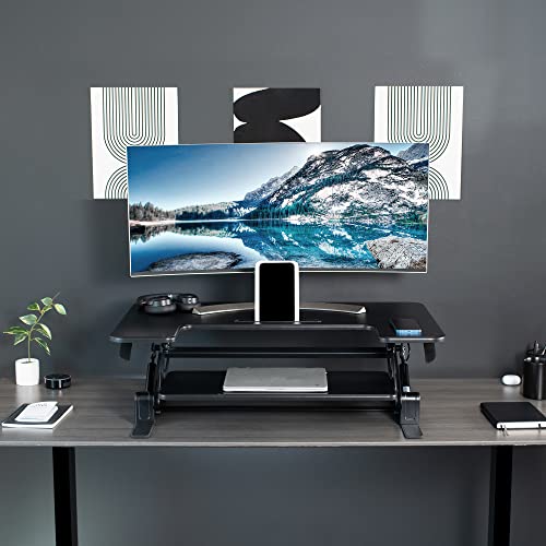 VIVO 36 inch Height Adjustable Stand Up Desk Converter, V Series, Quick Sit to Stand Tabletop Dual Monitor Riser Workstation, Black, DESK-V000V | Height Adjustable, Stand Up Desk Riser, Wide Keyboard Tray, Dual Monitor and Laptop Workstation, Black Frame,
