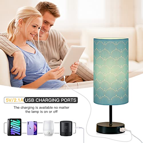 CINSARY Touch Control Bedside Lamp with 2 USB Ports, 3-Way Dimmable Table lamp for Bedroom, Nightstand Lamp with Round Blue Fabric Shade for Living Room Home Office (E26 LED Bulb Included) - color: Blue