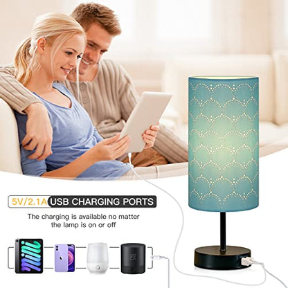 CINSARY Touch Control Bedside Lamp with 2 USB Ports, 3-Way Dimmable Table lamp for Bedroom, Nightstand Lamp with Round Blue Fabric Shade for Living Room Home Office (E26 LED Bulb Included) - color: Blue