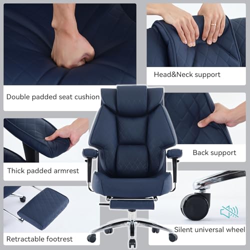 EXCEBET 400lbs Big and Tall Executive Office Chair, Blue PU Leather | Retractable footrest, 135° recline, Lumbar support, Ergonomic high back, Heavy-duty design, Thick cushion, Padded armrests - color: Navy Blue