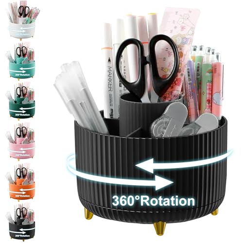 Cayxenful Pencil Holder For Desk,5 Slots 360°Degree Rotating Desk Organizers And Accessories,Desktop Storage Stationery Supplies Organizer, Cute Pencil Cup Pot For Office, School, Home (H-Black) - color: H-Black