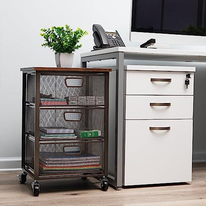 Mind Reader 3 Drawer Storage Organizer with Wood Top, Rolling Office Organizer Cabinet with Wheels, Office, Metal Mesh, Black - style: 3-Drawers with Wood Top
