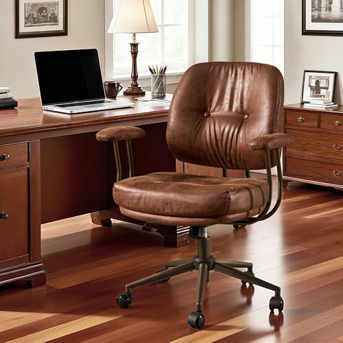 Brown Leather Home Office Chair, Mid Back Ergonomic Desk Chair with Lumbar Support, Mid Century Modern Deep Seat Swivel Rocking Computer Chair, Dark Brown Suede - color: Dark Brown,suede Fabric, size: Big Mid Back