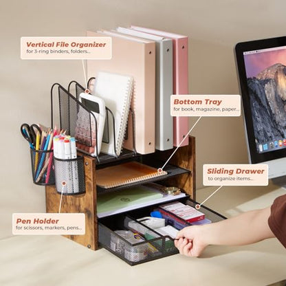 4-Tier Desk Organizer with Drawer, Wooden Mesh File Organizer with 5 Vertical Sorters & 2 Pen Holders, Multi-Functional Desktop Organizer for Home, Office & School
