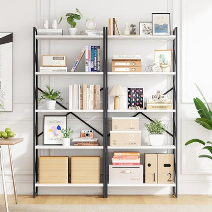 5 Tiers Bookshelf, Classically Tall Bookcase, Industrial Book Rack - color: Black & White