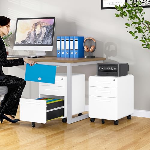 3 Drawer File Cabinet with Lock,Under Desk File Cabinet,White Rolling File Cabinets,Three Drawer Filing Cabinets for Home Office with Wheels,Fit A4/Letter/Legal File,Fully Assembled Except Casters - color: White, size: 22.8"H x 15.75"W x 17.72"D