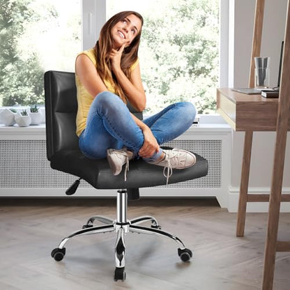 Black Office Chair with Wheels - 360° Swivel Armless Back Support - color: Widened Black