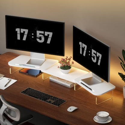 AFOOYO LED Dual Monitor Stand Riser for 2 Monitors,Office Desktop Wooden Stand Adjustable Length and Angle 3 Shelf,Extra Long Multifunctional Stand up to 39.3" for Computer,Laptop,TV,White