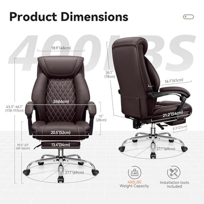 BestGlory Office Chair, Executive Leather Chair Adjustable High Back, Computer Desk Chair Lumbar Support, Big and Tall Office Chair with Footrest, Comfy Reclining Chair for Home Office - color: Coffee, style: With Footrest