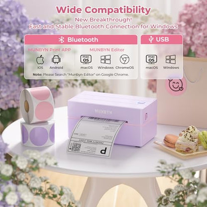 MUNBYN Bluetooth Thermal Label Printer, Wireless 4x6 Shipping Label Printer | Work for Shipping Packages Small Business Office or Home, Compatible with iPhone Android iPad Windows macOS Chrome - color: Purple