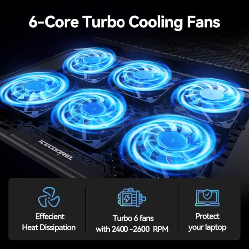 Laptop Cooling Pad with 6 Cooling Fans, Cooling Pad for Laptop Fan 13-15.6 Inch, Laptop Cooler Stand with 6 Height Adjustable, Notebook Cooler Pad with Two USB Port - size: 6 Fans