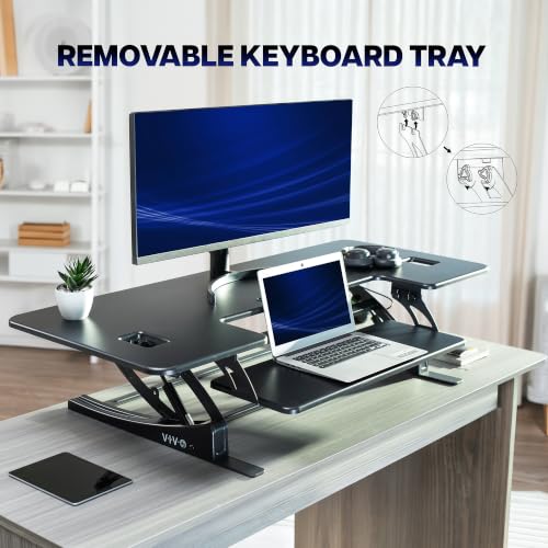 VIVO 54 inch Manual Height Adjustable Large Standing Desk Converter, Quick Sit-Stand Desk Riser, Tabletop Pneumatic Assist Height Adjust 6.5 to 17 inch, Black, DESK-V054V - color: Black, size: 54"