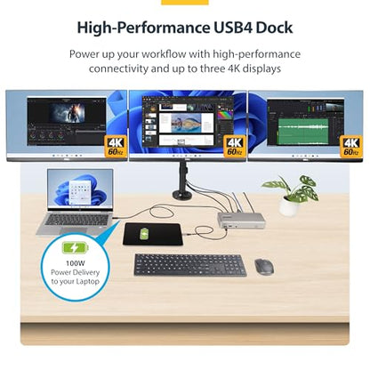 StarTech USB4 Driverless Dock, Triple 4K 60Hz, HDMI or DP, 100W, 2.5GbE - size: Triple Monitor, style: Triple 4K60 USB4