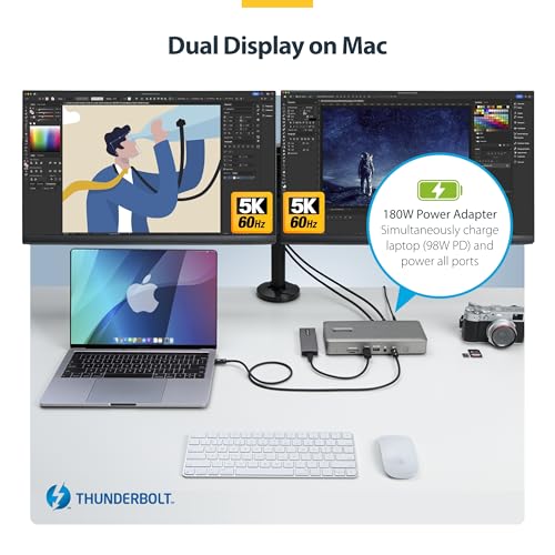 StarTech Thunderbolt 4 Dock, Quad 4K Win, Dual 4K Mac, 16-Port 40Gbps, 100W | Driverless USB4 and Thunderbolt, Up to four 4K 60Hz on Windows, Dual 4K 60Hz on M3/M4/M5 MacBooks, Intel/AMD/Snapdragon
