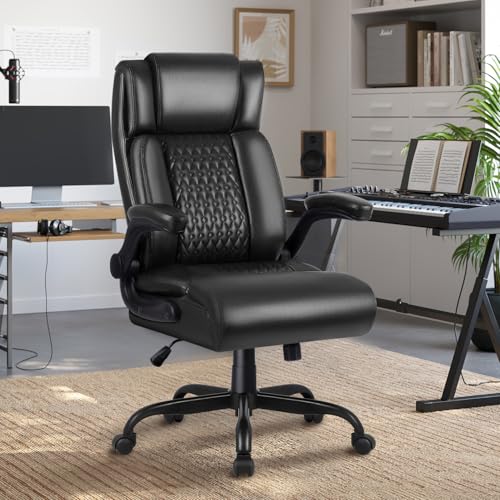 OFIKA Executive Office Chair Heavy Duty Office Chair Padded Flip Up Armrest, Computer Gaming Chair PU Leather Desk Chair, High Back Big and Tall Office Chair with Lumbar Support (Black) - color: Flip Up Armrest-black