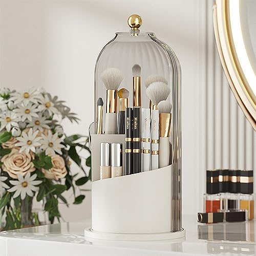 Makeup Brush Holder Organizer (Clear White Cap) | With Lid, 360° Rotating, Dustproof, For Vanity Desktop Bathroom Countertop - color: Clear White Cap