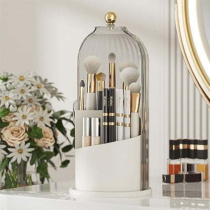 Makeup Brush Holder Organizer (Clear White Cap) | With Lid, 360° Rotating, Dustproof, For Vanity Desktop Bathroom Countertop - color: Clear White Cap