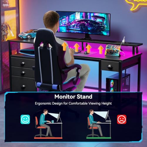Furologee 60" Gaming Desk with 4 Drawers & LED Lights, Power Outlet, Black - color: Black, size: 60 Inch