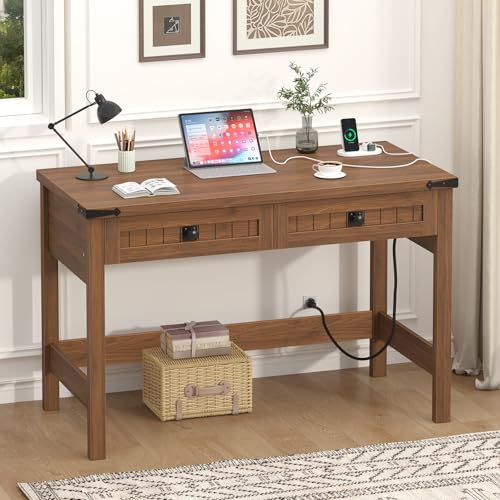 39 Inch Farmhouse Small Computer Desk with Drawers for Bedroom, Home Office - color: Brown