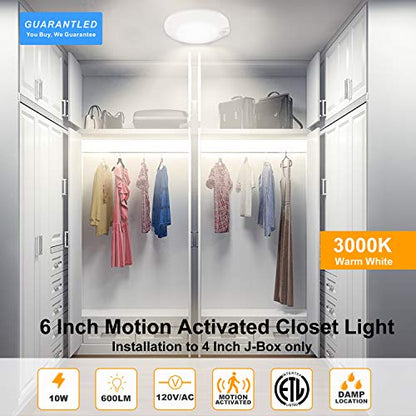 Closet Lights Motion Sensored Indoor Ceiling Mount LED- 10W 3000K Closet Stair Porch Ceiling Pantry Motion Activated Light, 6-7/8 Inch 90CRI 600lm Hardwire to Junction Box, No Battery, Damp Rated ETL - color: 3000K Warm White