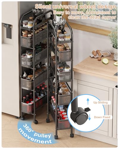 UMDONX 5-Tier Narrow Mobile Storage Cart with Pull-Out Baskets - color: Black, size: 5 Tier