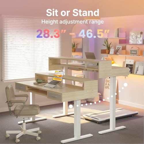 HUANUO 55″ x 26″ Electric Standing Desk with 2 Drawers &24.4″ Large Keyboard Tray, C-Clamp Mount Compatible, Adjustable Computer Desk for Office, Sit Stand Up Desk with 4 Height Presets, Light Walnut - color: Light Walnut, size: 55*26 inch