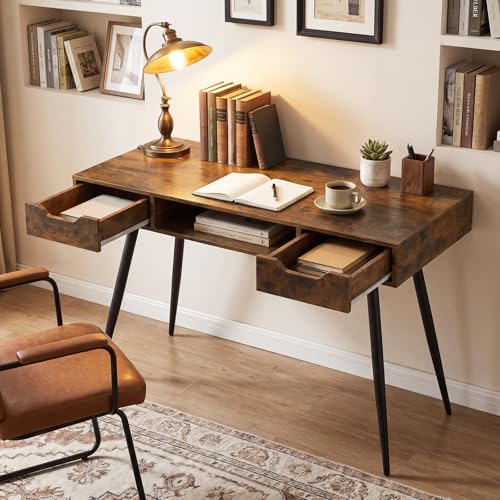 Tangkula Mid Century Modern Computer Desk | Writing Desk with 2 Drawers & Open Center Storage, Small Wooden Study Table for Home Office & Compact Spaces - color: Rustic Brown