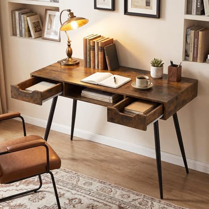 Tangkula Mid Century Modern Computer Desk | Writing Desk with 2 Drawers & Open Center Storage, Small Wooden Study Table for Home Office & Compact Spaces - color: Rustic Brown