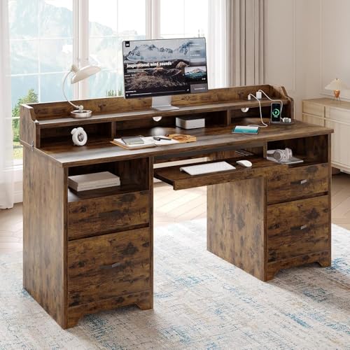 Bestier 59" Executive Desk with Charging Station & Monitor Stand, Brown - color: Natural Rustic Brown