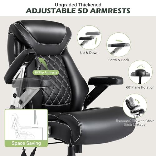 Large Big and Tall Office Chair 650lbs with Thick Spring Cushion, 5D Flip Arm Ergonomic Executive Office Chair Adjustable Lumbar Airbag&Extra Wide, Comfy Padded Heavy Duty Game Chair Dual Rubber Wheel - color: Black