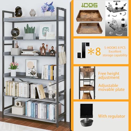 HCHQHS Bookshelf, Adjustable Industrial Bookcase, Vertical Tall Book Shelf, Wood and Black Metal Open Bookshelves for Home Office, Living Room, Bedroom (Grey, 6-Tier (31" W x 70" H)) - color: Grey, size: 6-Tier (31"W x 70"H)