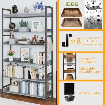 HCHQHS Bookshelf, Adjustable Industrial Bookcase, Vertical Tall Book Shelf, Wood and Black Metal Open Bookshelves for Home Office, Living Room, Bedroom (Grey, 6-Tier (31" W x 70" H)) - color: Grey, size: 6-Tier (31"W x 70"H)