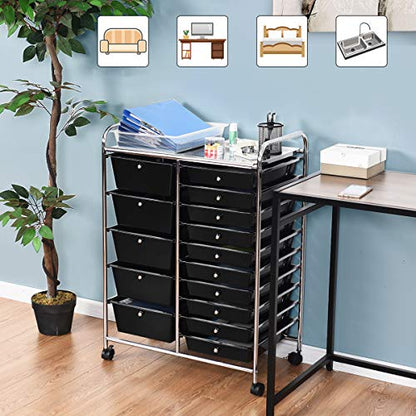 RELAX4LIFE 15 Drawer Rolling Storage Cart, Mobile Drawer Carts for Craft Art Supply Paper Salon, Utility Cart on Wheels for Classroom Teacher School Office, Rolling Cart with Drawers (Black) - color: Black, style: 15 Drawers-34.5"