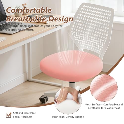 Small Office Chair with Wheels, Armless Desk Chair Height Adjustable Swivel Rolling Task Chair Breathable Mesh Ergonomic Computer Work Chair for Adult, Pink