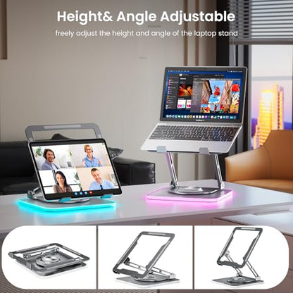 360°Rotating Laptop Stand with RGB Lights, Fits 10-16"Laptops MacBooks | 7-Level RGB Lights, Adjustable Multi-Angle Ergonomic Aluminum Laptop Stand, Foldable & Portable for Home & Office - color: RGB-Grey