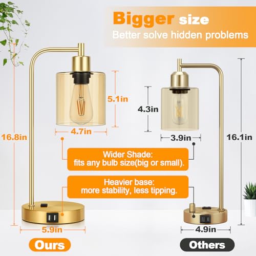 Set of 2 Industrial Touch Control Table Lamps with 2 USB Ports and AC Outlet - 3-Way Dimmable Gold Bedside Lamp Nightstand Desk Lamps for Bedroom Living Room, Amber Glass Shade & 2 LED Bulbs Included - color: Gold(2 pack)-Amber Glass-Touch Control