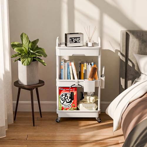 Sorgion 3 Tier Rolling Cart Organizer,Laundry Room Bathroom Organizers and Storage Office Shelves Mobile Shelving Unit Kitchen Trolley Cart with Wheels for Art,Craft,Diaper,Bedside,Snack(White) - size: 3Tier-White