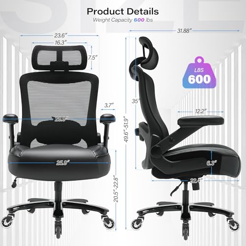 600lbs Big and Tall Office Chair, Heavy Duty Executive Computer Desk Chair | 3D Flip Arms, Large Wheels, Ergonomic Design, Extra Wide Seat, Adjustable Lumbar Support&Headrest, Mesh High Back Chair - color: Black-black Armrests