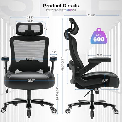 600lbs Big and Tall Office Chair, Heavy Duty Executive Computer Desk Chair | 3D Flip Arms, Large Wheels, Ergonomic Design, Extra Wide Seat, Adjustable Lumbar Support&Headrest, Mesh High Back Chair - color: Black-black Armrests