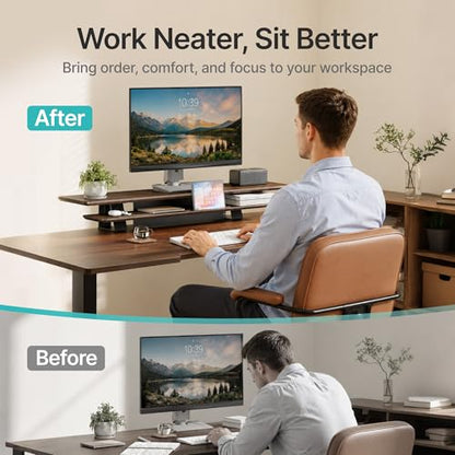 Dual Clamp-On Wooden Monitor Stand, 41.7" 2-Tier Desk Riser Organizer | Monitor Stands Riser for 2 Monitors，Magnetic Back Panel,Fit Computer & Laptops,for Home Office