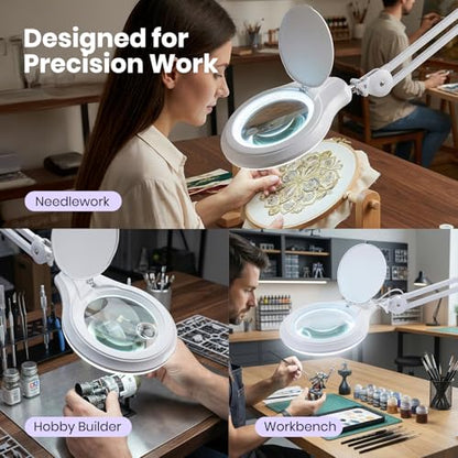 Neatfi LED Bifocal Magnifying Lamp 1,200 Lumens – 5” Glass Lens, Dual Magnification 3X/6X, Dimmable Task Light | Adjustable Arm with Clamp | Crafting, Jewelry & Reading (8 Diopter + 20 Diopter, White) - color: White, size: 8 Diopter + 20 Diopter