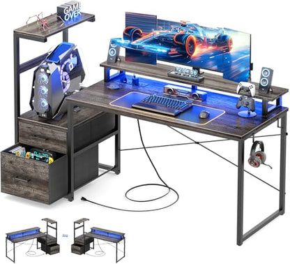 Aheaplus Gaming Desk with LED Strip & Power Outlet, 59Inch Reversible Computer Desk with Monitor Stand & Storage Shelves, Home Office Desks with Fabric File Drawer, Gamer Table PC Desk, Black Oak - color: Black Oak