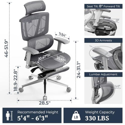 Lumbar Support Office Chair - 330lb Big & Tall Ergonomic Office Chair with Dynamic Lumbar - Forward Tilt Seat - Adjustable Headrest & Arms - Breathable Mesh Office Chair for Home Office