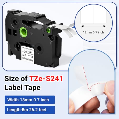 TZe-S241 TZe TZ Extra Strength Tape 18mm 0.7 Label Maker Tape White TZeS241 | Compatible with Brother P Touch Label Tape 3/4'' Strong Adhesive for Brother PT-D400 D410 D600 D610BT PT-P710BT P700 P750W - color: Black on White, size: 18mm 0.7 inch