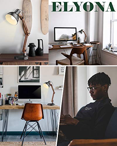 ELYONA Modern Sapele Wood Desk Lamp with Upgraded Wireless Charger & USB C Charging Port Swing Arm Table Lamp Bedside Reading Task Light for Dorm Office Bedroom Living Room LED Bulb Included Black - color: Upgrate Black