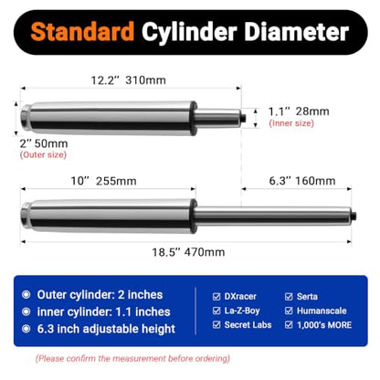 12.2-18.5 Inches Office Chair Cylinder Replacement, TOP-Activated - color: Polished Steel, size: 6.3‘’ Height Range